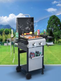2-Burner Propane Gas BBQ Grill, SS Plancha, 24600BTU Output With Wire Enamel Cooking Grids For Outdoor Barbecue, Foldable Side Table, Hanging Bas (Color: as Pic)