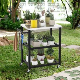 3-Tier Foldable Outdoor Stainless Steel Food Prepare Dining Cart Table on Wheels (Color: Black)